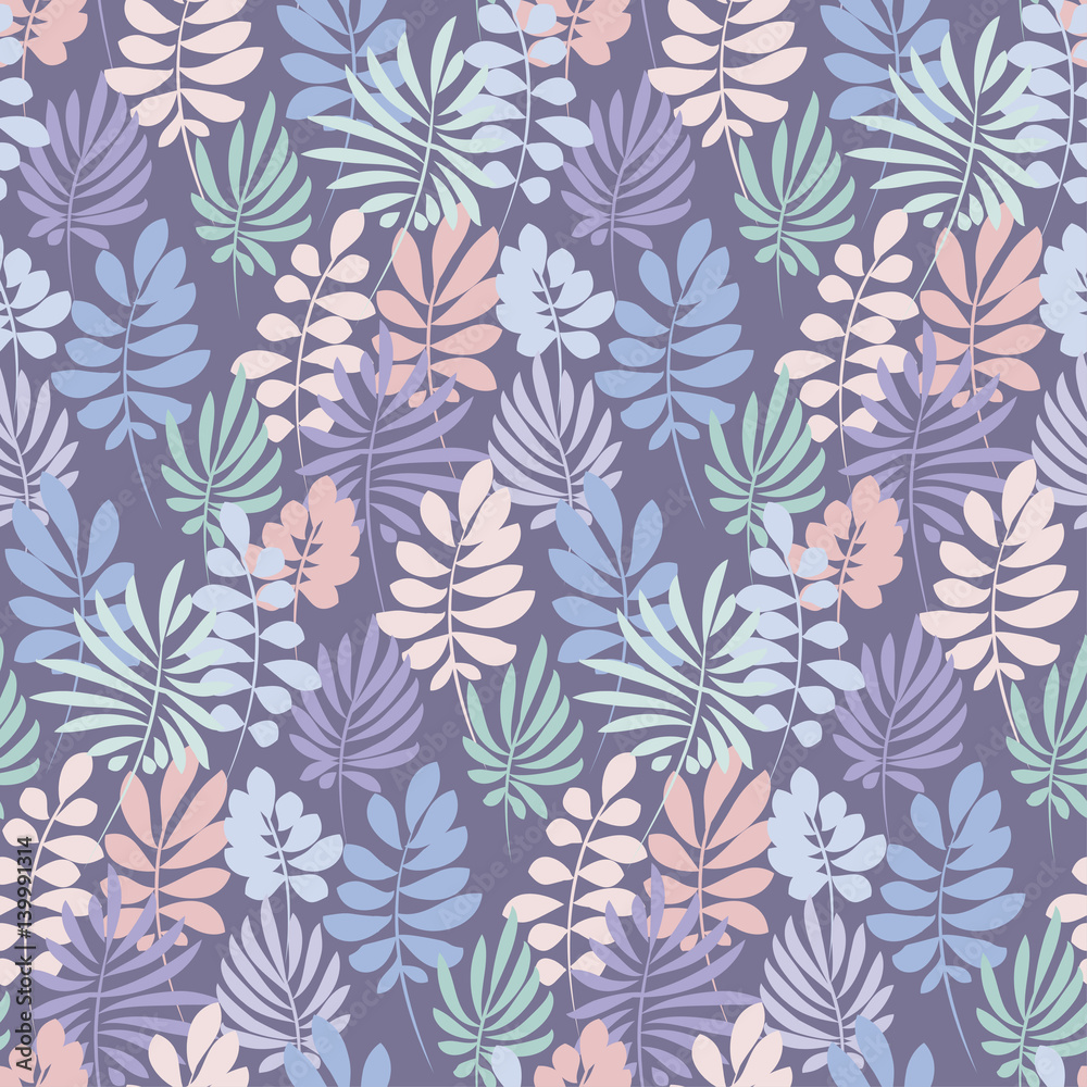 Wall mural Tender violet and rosy color tropical leaves seamless pattern. Decorative summer nature surface design. floral vector illustration for fabric, print, wrapping paper, - Wall murals