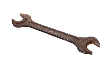 old rusty metal wrench isolated on white