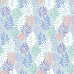 Tender violet and rosy color tropical leaves seamless pattern. Decorative summer nature surface design. floral vector illustration for fabric, print, wrapping paper,
