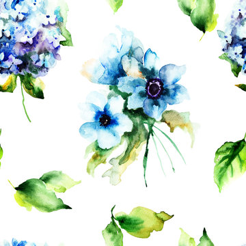 Seamless pattern with summer blue flowers