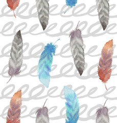 seamless pattern with hand painted boho feathers and swirls