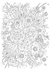 Hand drawn backdrop. Coloring book, page for adult and older children. Black and white abstract floral pattern. 
