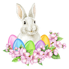 Easter Bunny with Easter Eggs in Cherry Blossom. Watercolor illustration