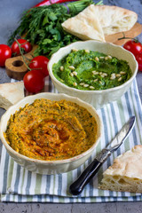 Colorful hummus bowls.
