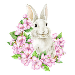 Easter Bunny in Cherry Blossom. Watercolor illustration