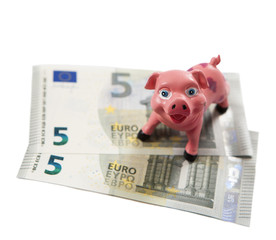 cochon rose tirelire et billets de 5 euros
