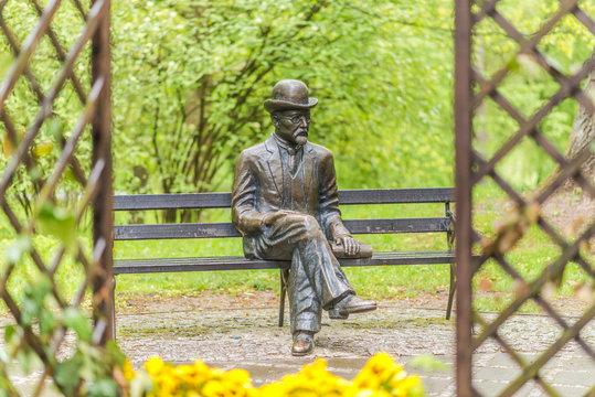 Bench of Boleslaw Prus at Spa park in Naleczow.