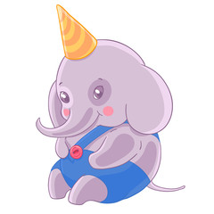 Shy boy elephant in birthday cap and blue panties.