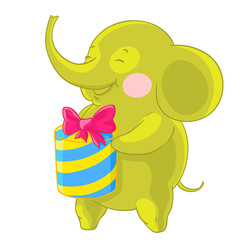 Cute green elephant laughs and rejoices at the gift in his hands.