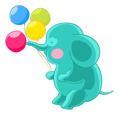 Cartoon green cute elephant trunk inflates balloons.