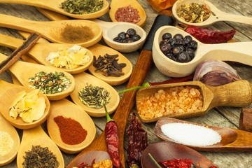 Spices on wooden spoons. Sales of exotic spices. Seasoning food. Aromatic spices.