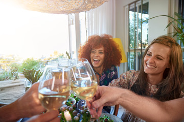 Cheers with wine glasses at house party, smiling laughing happy carefree women friends 