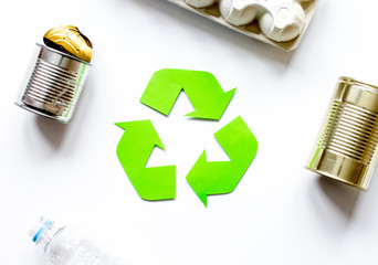 environment concept with recycling symbol on white background top view mock-up