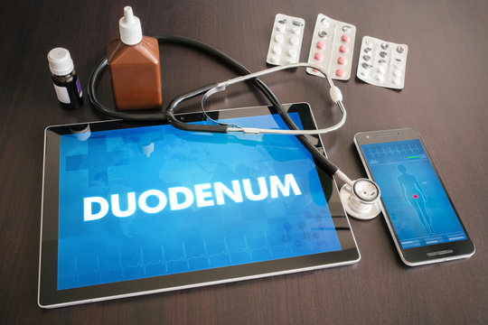 Duodenum (gastrointestinal disease related organ) diagnosis medical concept on tablet screen with stethoscope