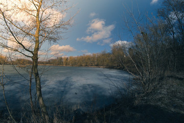 Spring landscape fisheye river on nature sunny