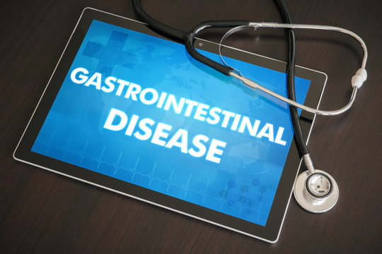 Gastrointestinal disease (stomach, tract, rectum) diagnosis medical concept on tablet screen with stethoscope