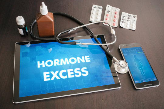 Hormone excess (endocrine disease) diagnosis medical concept on tablet screen with stethoscope