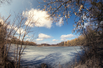 Spring landscape fisheye river on nature sunny