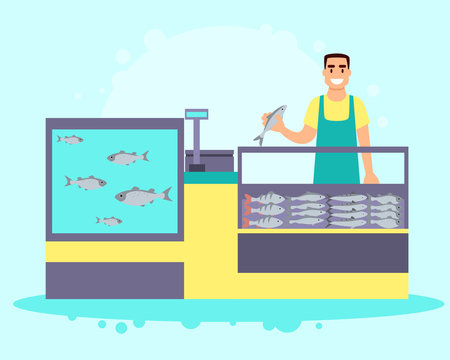 Fish store interior. A happy male seller holds a fish. Vector illustration