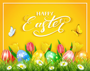 Easter eggs with butterflies and tulips on yellow background