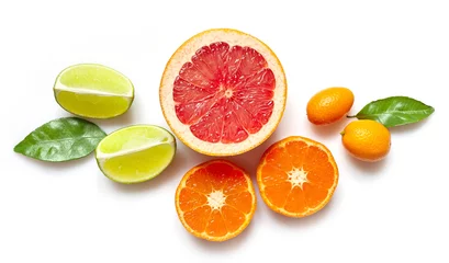 Poster various citrus fruits on white background © Mara Zemgaliete