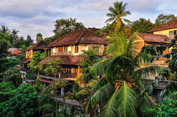 Fototapeta na wymiar Houses in tropical forest in Ubud, Bali