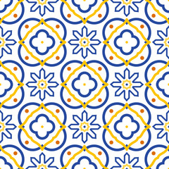 Azulejos blue and white mediterranean seamless tile pattern. Geometric spanish ceramic shapes vector texture for fabric textile and wallpaper.