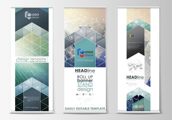 Set of roll up banner stands, flat design templates, geometric style, vertical vector flyers, flag layouts. Chemistry pattern, hexagonal molecule structure. Medicine, science, technology concept.