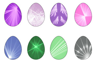 colorful Easter eggs with different patterns rays on white background