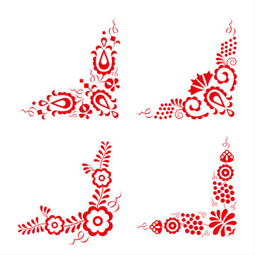 Set of four traditional folk ornaments, hungarian decorative pattern, red embroidery isolated on a white background, vector illustration