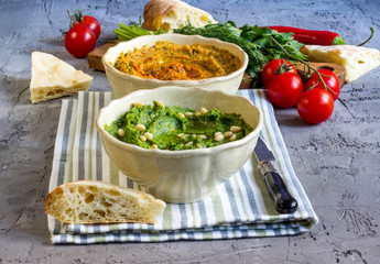 Colorful hummus bowls.