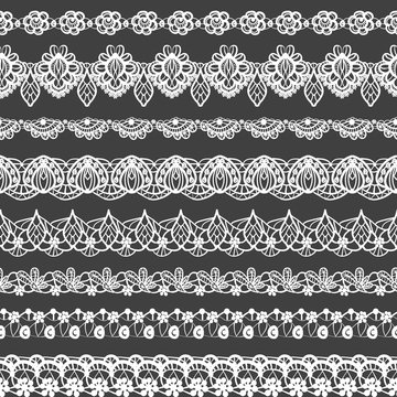 Vector set of seamless borders. Black and white lace pattern for design and fashion. Flowers and leaves motifs