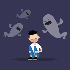 Scared bearded guy surrounded by ghosts / flat editable illustration