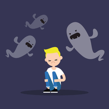 Scared blond boy surrounded by ghosts / flat editable illustration
