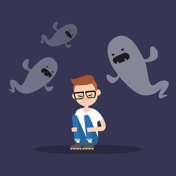Scared nerd surrounded by ghosts / flat editable illustration