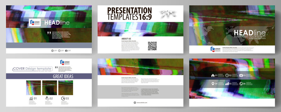 Business templates in HD format for presentation slides. Abstract vector layouts in flat design. Glitched background made of colorful pixel mosaic. Digital decay, signal error, television fail.