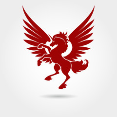 Red unicorn silhouette on white background Vector heraldic logo unicorn
