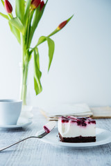 Delicious and sweet cheesecake with cherry jelly