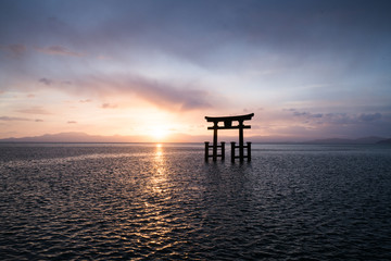silhouette Shirahige shrine at Biwa lake,Shiga,tourism of japan