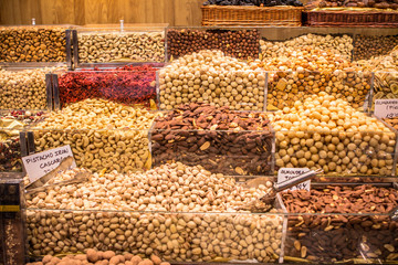 Nuts and almonds at the Boqueria market in Barcelona