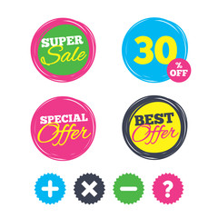 Plus and minus icons. Question FAQ symbol.