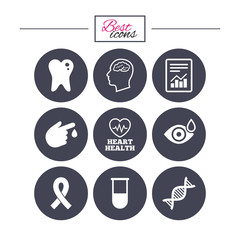 Medicine, medical health and diagnosis icons.