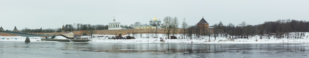 Velikiy Novgorod . Winter panorama of the Kremlin in Novgorod. Ancient Russian city.