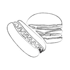 sketch of monochrome blurred contour of burger and hot dog with sauce vector illustration