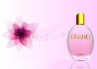 eps 10 vector advertising poster of luxury eau de parfum isolated on pink background with flowers. Premium perfumery advertisement banner for web, print. Realistic glass bottle with vaporizer spray