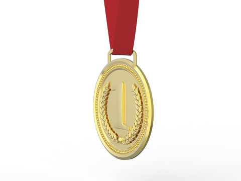 3D illustration gold medal with red ribbon