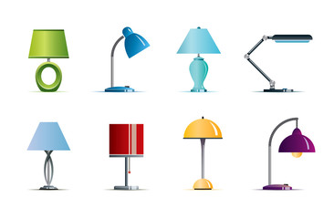 Set of colorful table and floor lamps for home and office. Vector illustration. Icon. Isolated on white background
