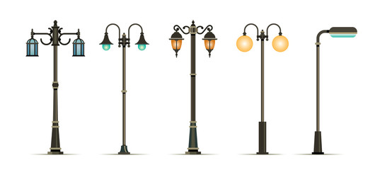 Traditional and Modern Outdoor Lamp Posts. Vector illustration. Icon set isolated on white background