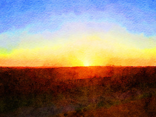 Digital watercolor painting of a sunset over a landscape with space for text. - 140015755