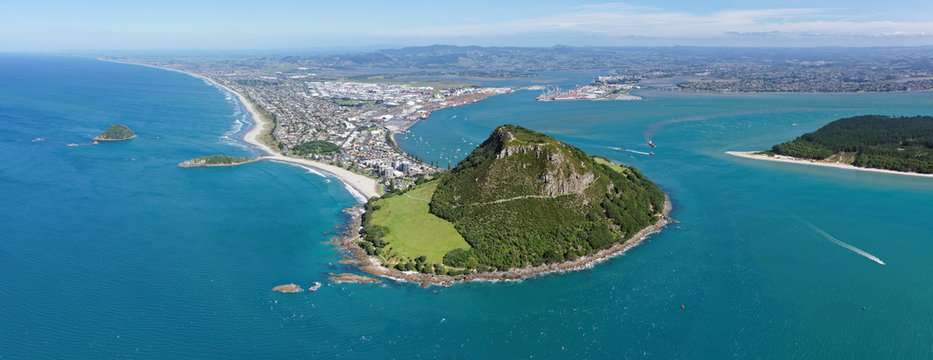 Panoramic aerial view of Mt Maunganui, North Island, New Zealand